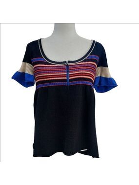 Nwot Free People Blue and Black Ribbed Short Sleeve Sweater Top L Stretchy